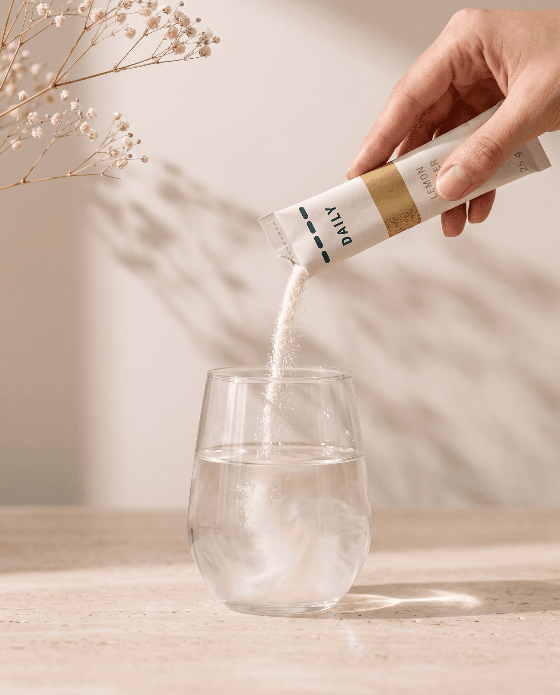 Eine Hand schüttet DAILY HEIST Pulver in ein Glas Wasser